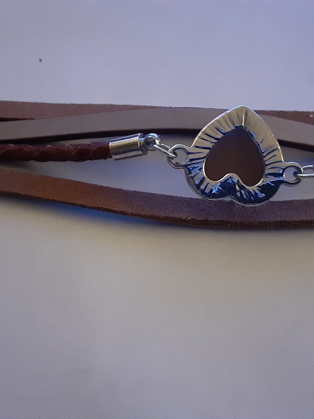 Silver Heart Brown Leather Wrap Bracelet